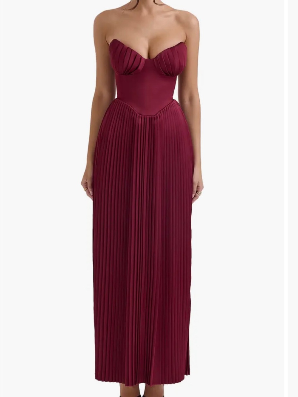 House of CB Marcella Berry Strapless Pleated Maxi Dress in Cabernet / burgundy